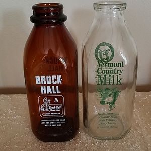 2 Brock + Vermont Vintage Quart Milk Bottles Amber
